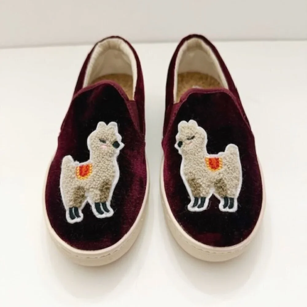 Soludos Anthropologie Velvet Llama Slip-on Sneakers in Burgundy Women's 6 NWOB